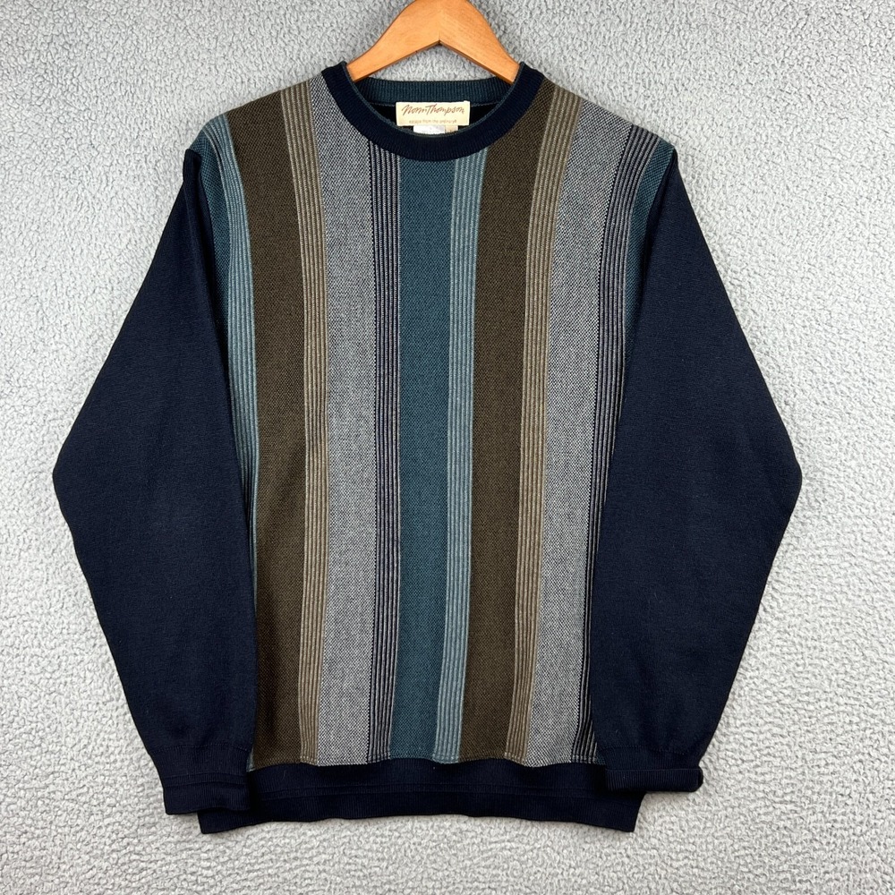 Norm Thompson Sweater Men Large Striped Navy Mulitcolor Wool Acrylic Blend Italy
